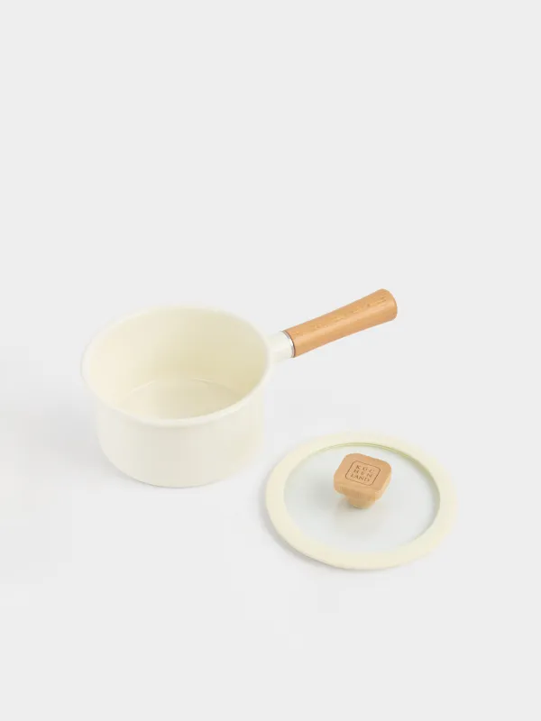 Ковш, 16 см, 1,6 л, с крышкой, металл эмалированный/дерево, молочный, Enamel wood, image-3