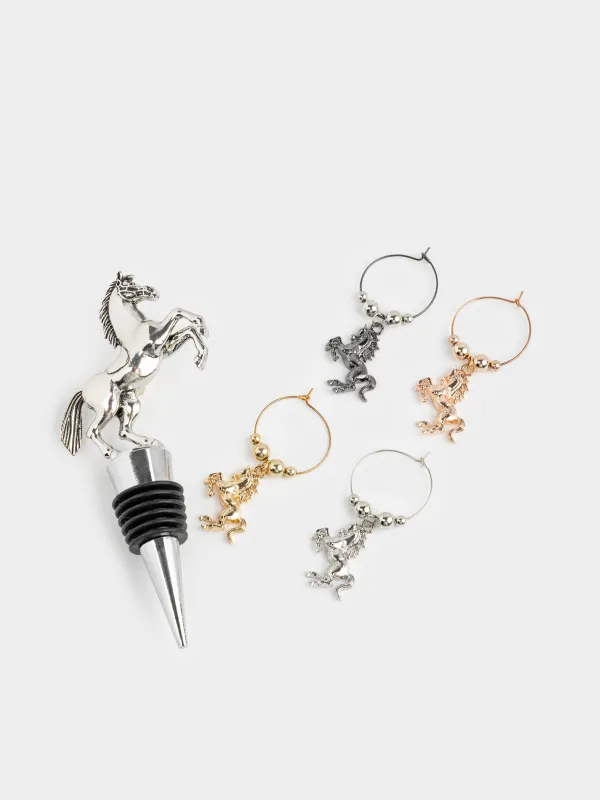 Пробка для винной бутылки с подвесками, 5 пр, металл/бусины, Конь, Horse silver, image-1