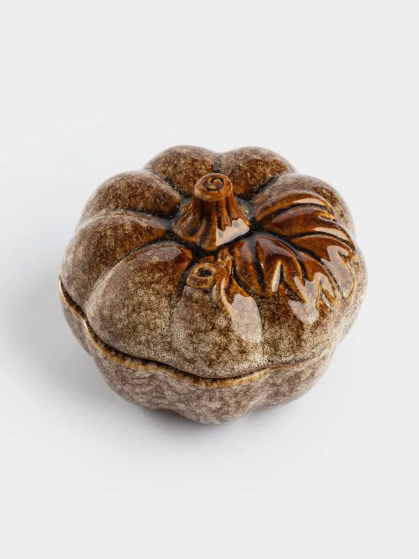 Емкость для хранения, 12x9 см, 300 мл, фарфор P, молочно-коричневая, Тыква с листом, Colors autumn, image-1