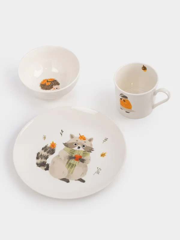 Набор посуды, детский, 1 перс, 3 пр, фарфор N, белый, Животные и листья, Forest animals, image-2