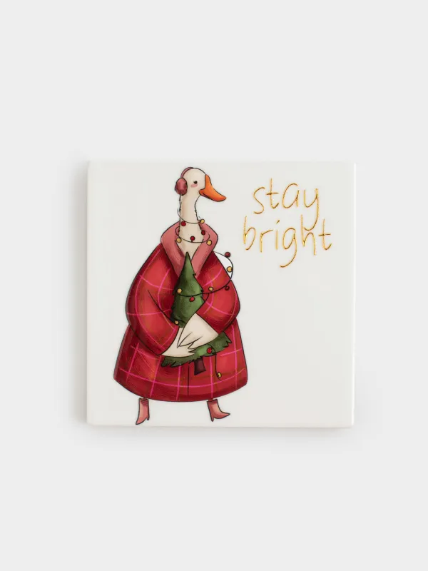 Подставка под кружку, 11х11 см, квадратная, керамика/пробка, белая, Гусь на лыжах, Goose, image-0