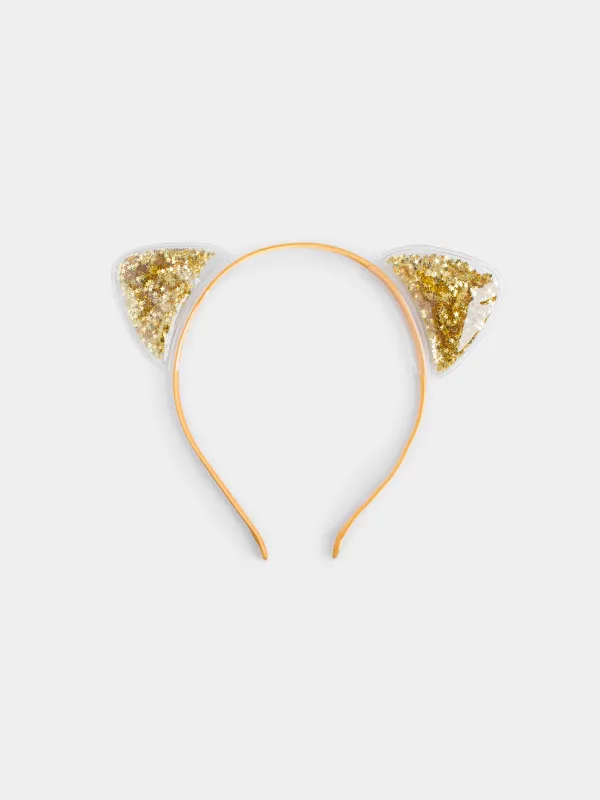 Ободок карнавальный, 16х20 см, детский, полиэстер/ПВХ, шампань, Ушки с блестками, Cat, image-0