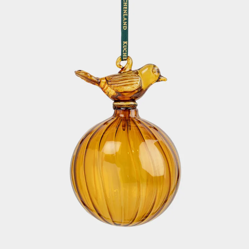 Игрушка елочная, 8 см, стекло, янтарная, Шар с птичкой, Ball figure