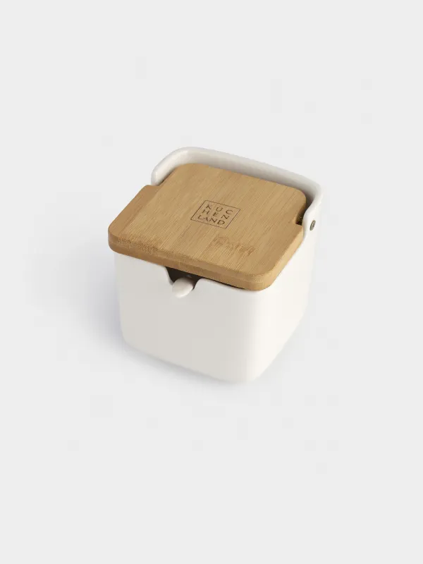 Банка для сыпучих продуктов, 250 мл, с ложкой, керамика/бамбук, белая, Keep, image-2