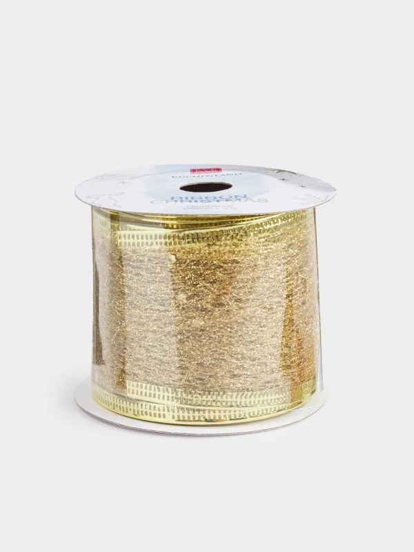 Лента декоративная, 5 м, гибкая, полиэстер, шампань, Паутинка с блестками, Ribbon christmas, image-0