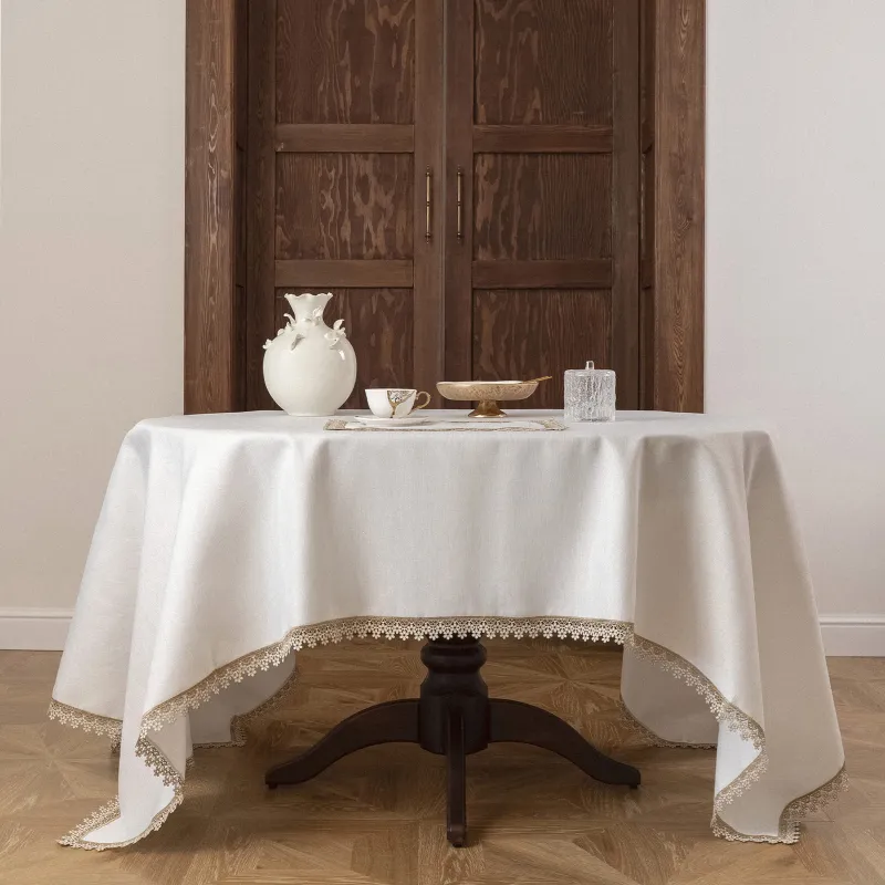 Скатерть, 160х160 см, полиэстер, белая, Цветочное кружево, Flower lace gold