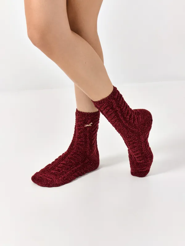 Носки женские, бордовые, Knitted chenill, image-0