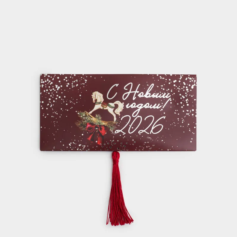 Конверт подарочный, 17х9 см, с кисточкой, бумага, бордовый, Лошадка-качалка, Christmas