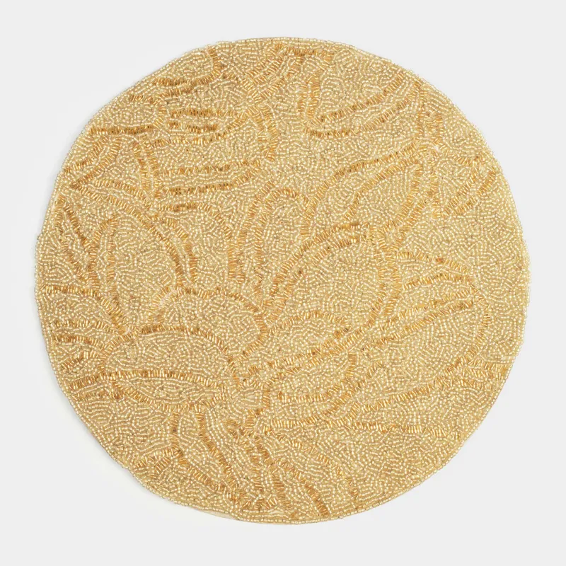 Салфетка под приборы, 36 см, бисер, круглая, шампань, Листья, Art beads