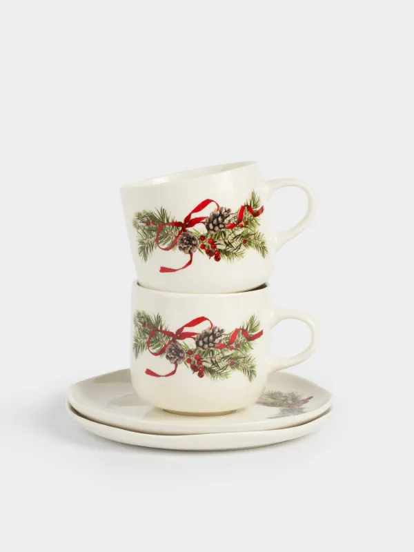 Пара чайная, 2 перс, 4 пр, 250 мл, фарфор N, белая, Шишки и рябина, Rowan delice, image-0