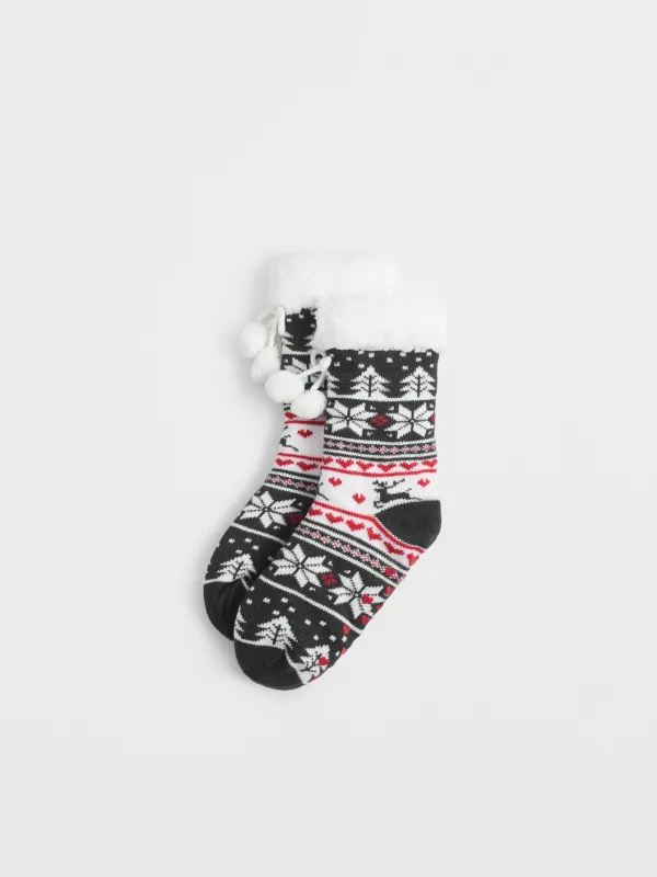 Носки домашние с помпонами, бело-красные, Hot winter, image-1