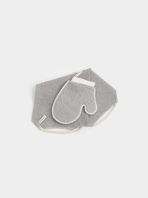 Набор для душа, 2 пр, мочалка-лента/мочалка-варежка, нейлон/хлопок, серый, Unique spa, image-3