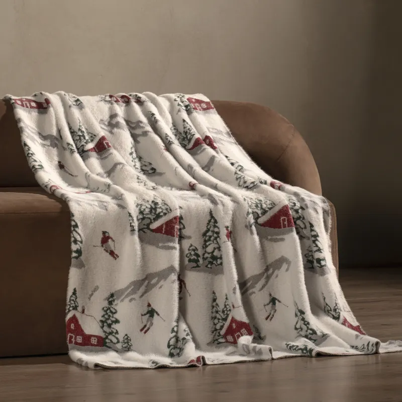 Плед, 130х170 см, хлопок/нейлон, молочно-красный, Лыжники и дома, Morne