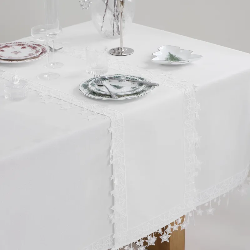 Дорожка настольная, 40х160 см, с кружевом, полиэстер, белая, Звезды, Stars framed