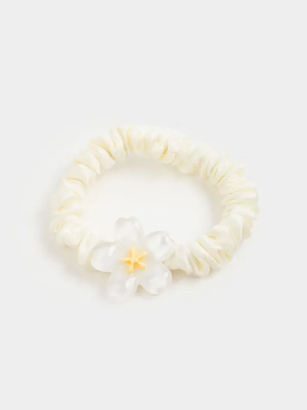 Резинка для волос, 8 см, сатин/пластик, молочная, Цветок, Silk, image-2