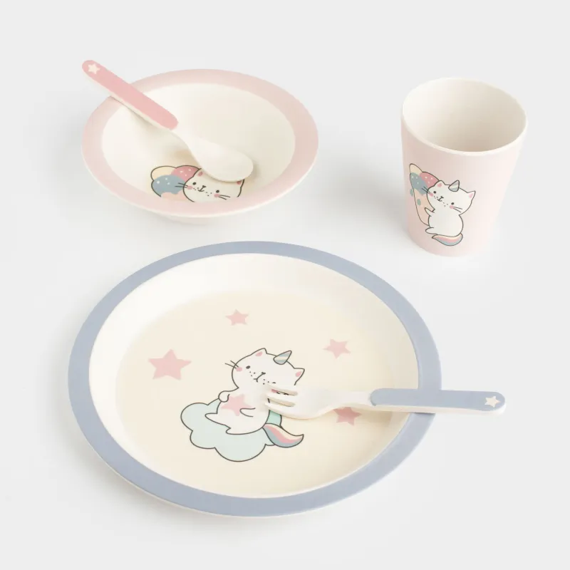 Набор посуды, детский, 1 перс, 5 пр, бамбук, розово-голубой, Кот-единорог, Cat-unicorn, image-0