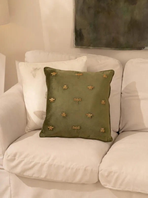 Подушка декоративная, 45х45 см, вельвет/бисер, зеленая, Стрекозы и жуки, Bugs, image-3