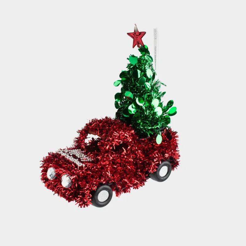 Игрушка елочная, 15 см, мишура/пластик, красная, Машина с елью, Tinsel christmas