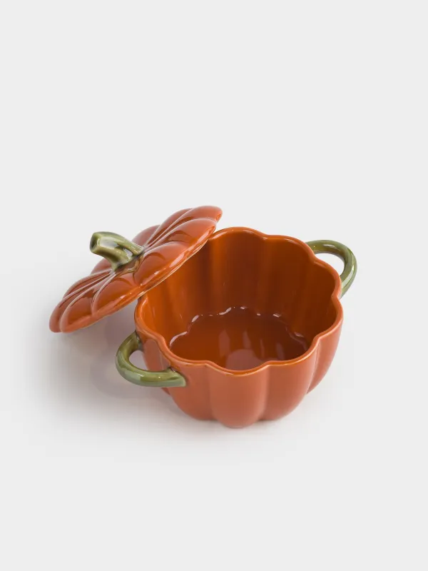 Кокотница, 11 см, 340 мл, с крышкой, керамика, оранжево-зеленая, Тыква, Gourd, image-3