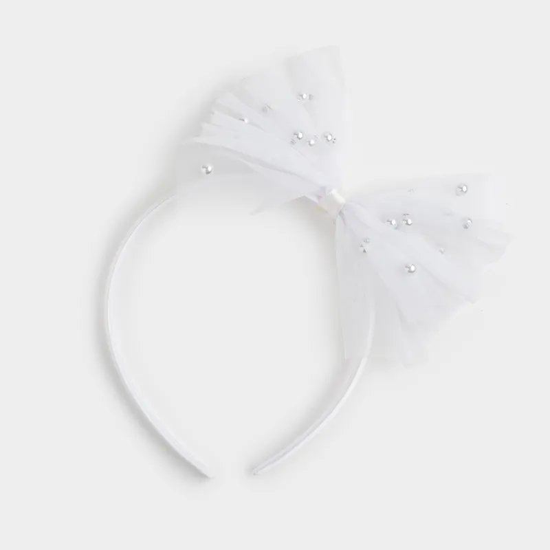Ободок для волос, 12х14 см, детский, пластик/полиэстер, белый, Бант с бусинами, Hairstyle