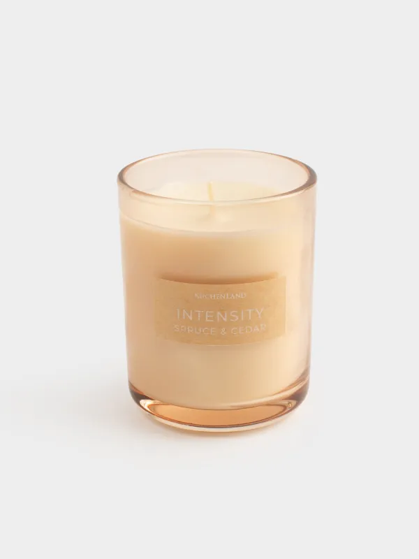 Свеча ароматическая, 8х9 см, в подсвечнике, стекло, бежевая, Spruce & Cedar, Intensity, image-0