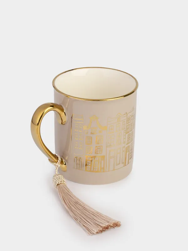 Кружка, 300 мл, с кисточкой, фарфор N, бежево-золотистая, Город, House built, image-1