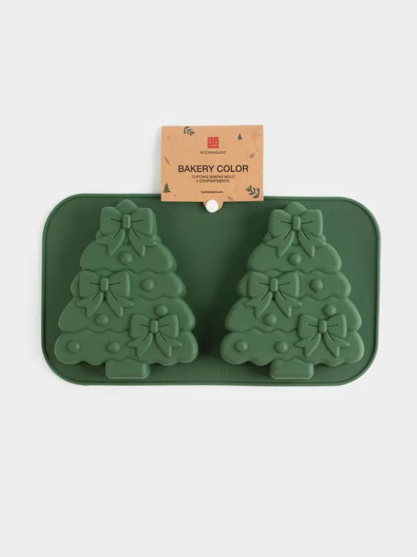 Форма для выпечки кексов, 27х15 см, 2 отд, силикон, зеленая, Елки с бантами, Bakery color, image-4