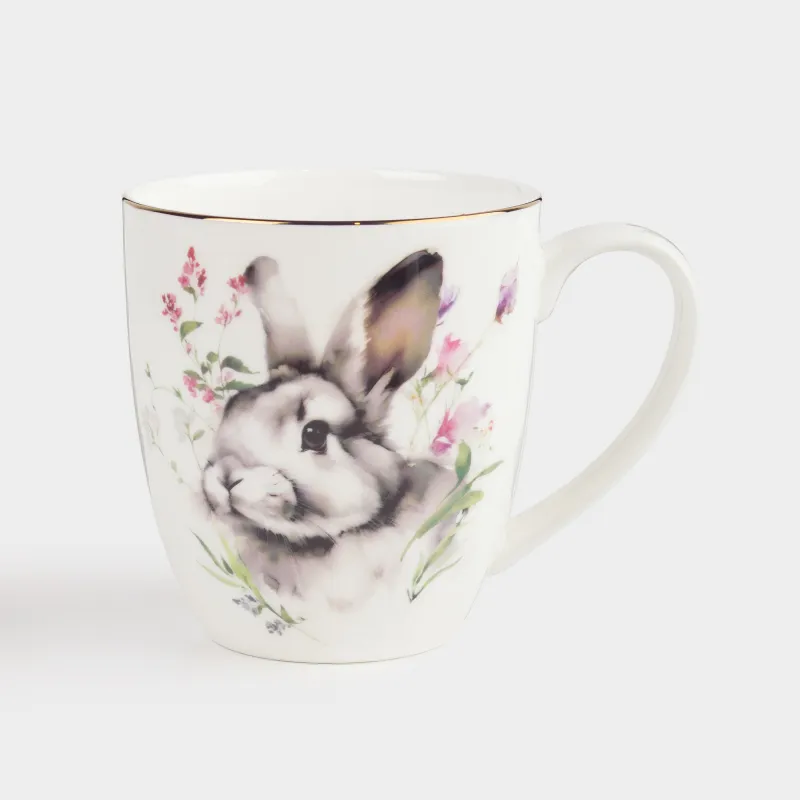 Кружка, 370 мл, фарфор F, белая, с золотистым кантом, Кролик в цветах, Easter