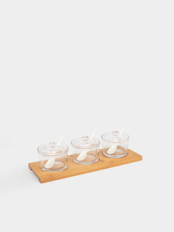 Вазочка для джема, 30х9 см, 3 шт, с ложкой, на подставке, стекло/бамбук/керамика, Bamboo, image-0