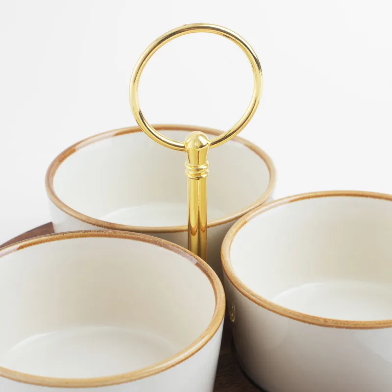 Набор для закусок, 3 пр, на подставке, с ручкой, керамика K/дерево, молочный, Noble tree, image-6