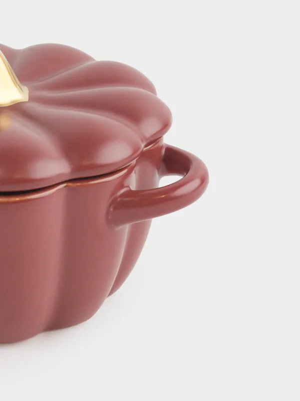 Кокотница, 11 см, 340 мл, с крышкой, керамика, бордово-золотистая, Тыква, Gourd, image-3