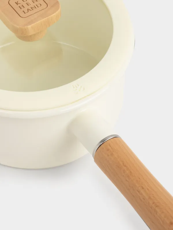 Ковш, 16 см, 1,6 л, с крышкой, металл эмалированный/дерево, молочный, Enamel wood, image-5