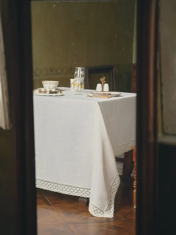 Скатерть, 170х250 см, с кружевом, полиэстер/лен/хлопок, бежевая, Natural framed, image-10