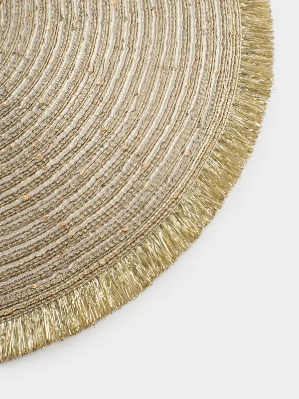 Салфетка под приборы, 38 см, с бахромой и пайетками, полиэстер, круглая, золотистая, Rotary shine, image-2