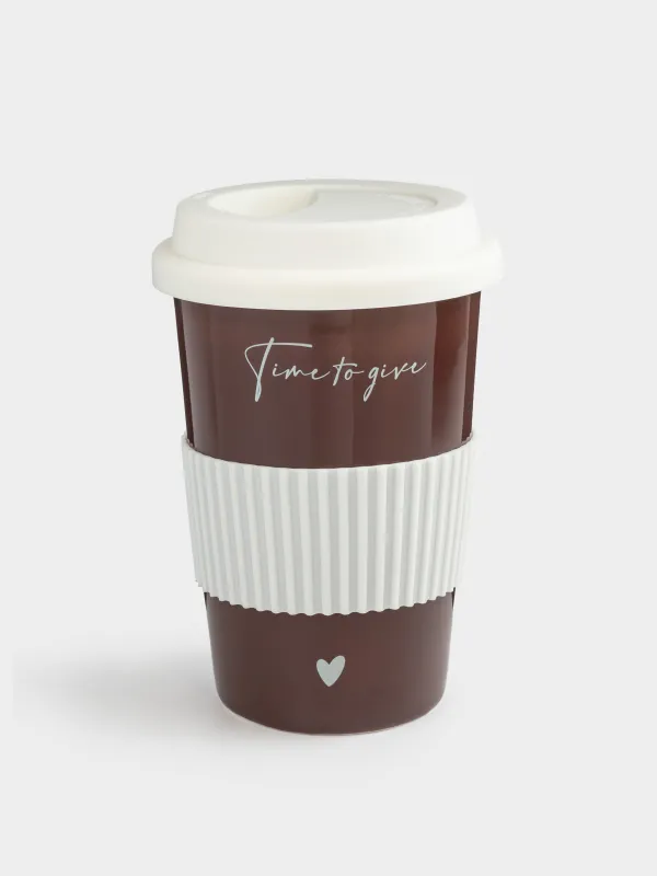 Стакан, 15 см, 430 мл, с крышкой и зарфом, фарфор N/силикон, коричнево-молочный, Magic moments, image-0