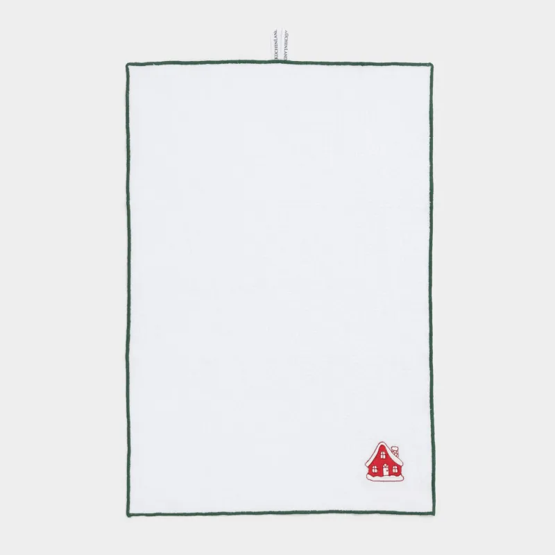 Полотенце кухонное, 40х60 см, хлопок, белое, с зеленым кантом, Домик и ели, Forest house