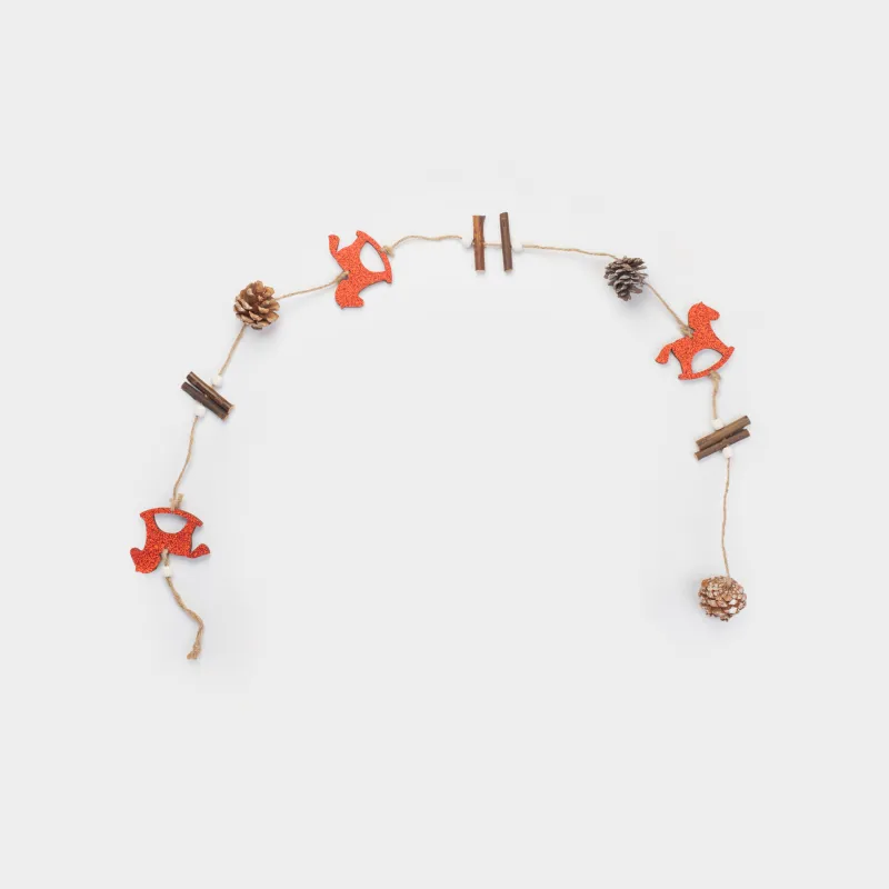 Гирлянда декоративная, 1 м, дерево, с блестками, Лошадки с шишками, Figure wood