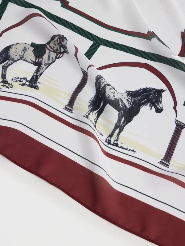 Платок женский, 70х70 см, полиэстер, бело-красный, Лошади, Kerchief, image-1