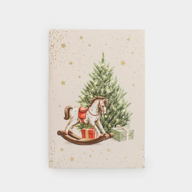 Открытка подарочная, 12х17 см, бумага, белая, Лошадка с елкой, Christmas horse