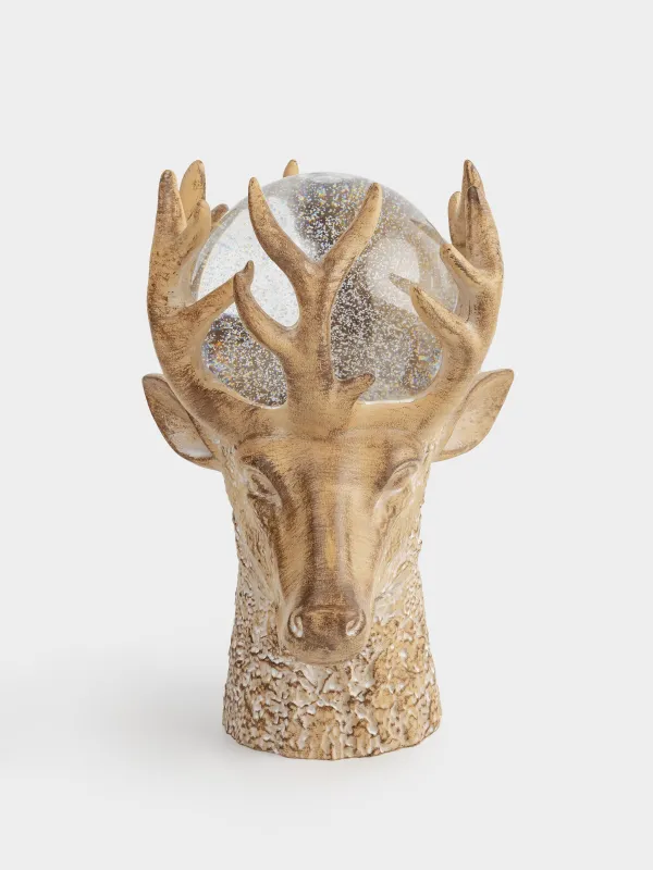 Снежный фонарь, 25 см, с подсветкой, пластик, коричневый, Шар в рогах оленя, Deer, image-0