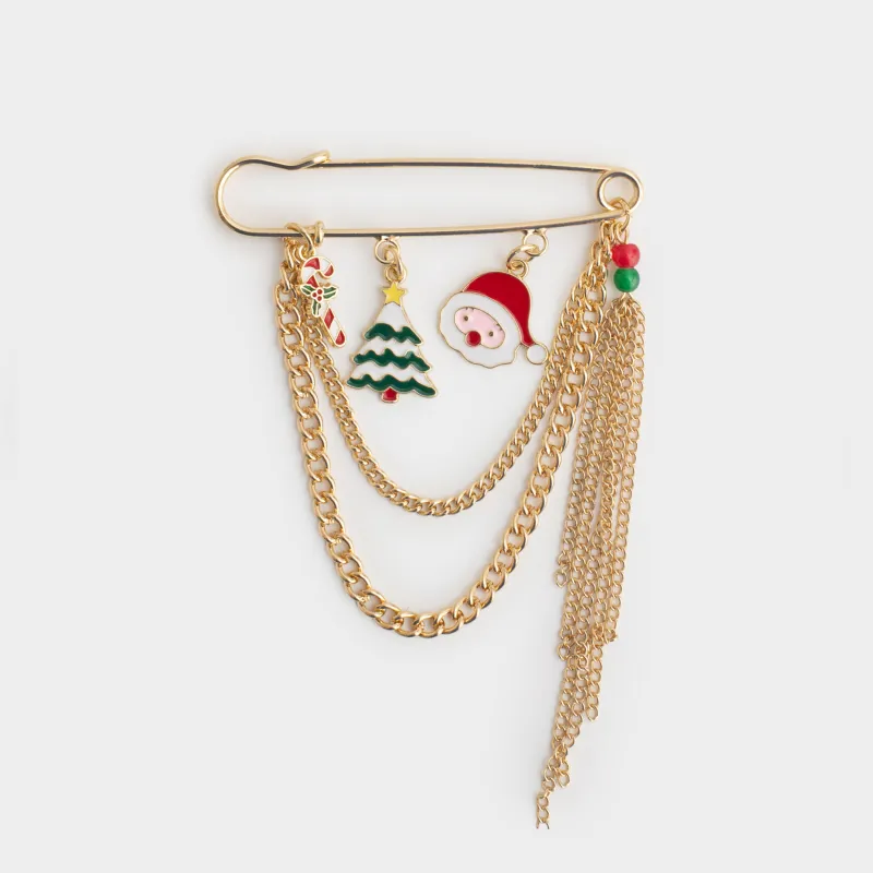 Брошь, 7 см, металл, золотистая, Дед мороз и елка, Jewelry christmas