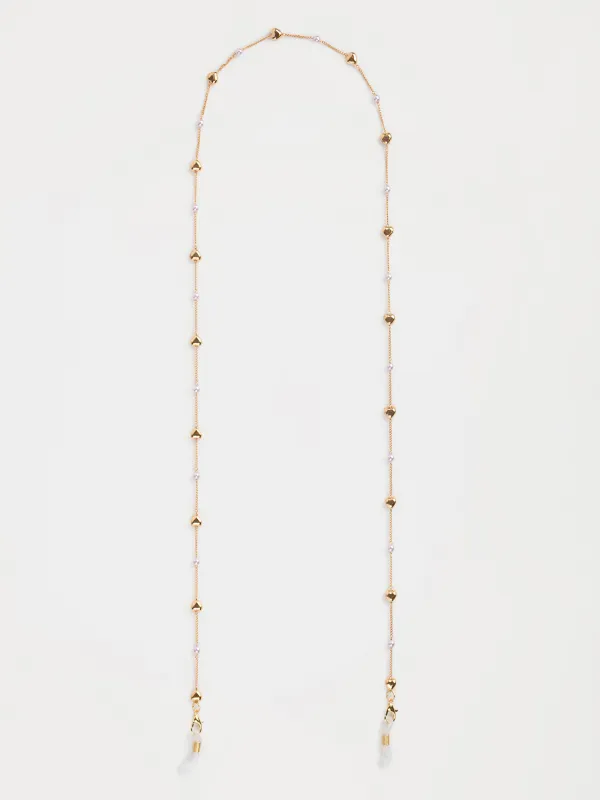 Цепочка для очков, 76 см, металл/пластик, бело-золотистая, Жемчуг и сердечки, Baroque, image-0