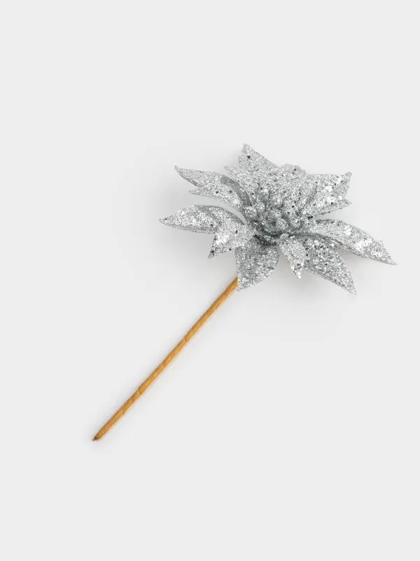 Украшение декоративное, 13 см, пластик, серебристое, Пуансеттия, Flower decor, image-1