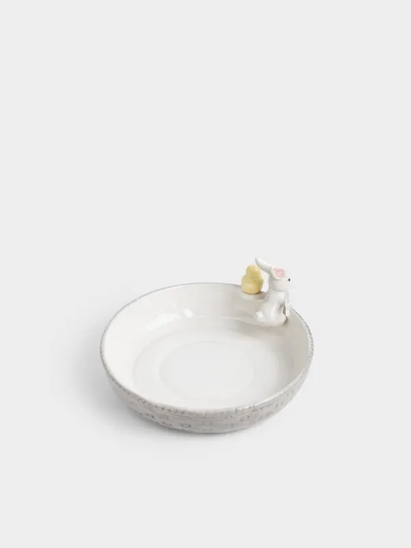 Блюдо глубокое, 26х6 см, керамика D, молочно-серое, Кролик и цыпленок в корзине, Easter, image-4