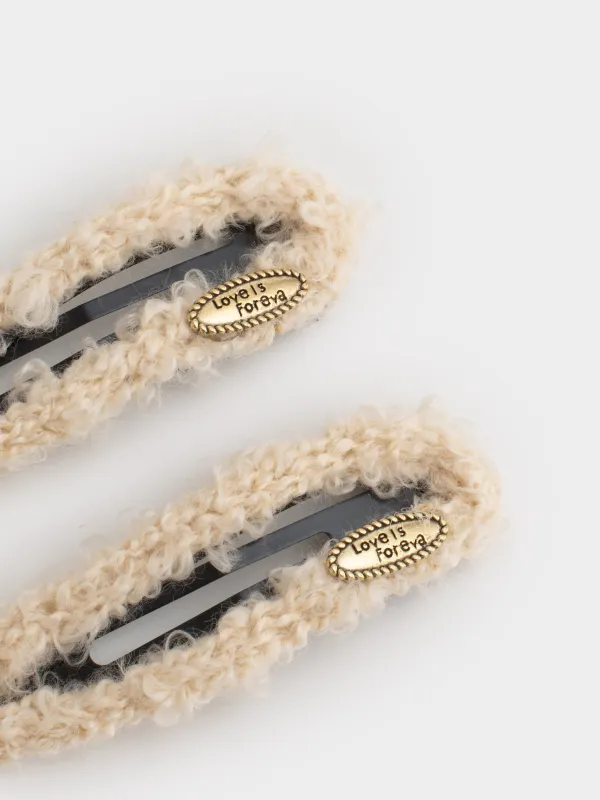 Заколка для волос, 8 см, 2 шт, искусственный мех/металл, молочная, Plush, image-2