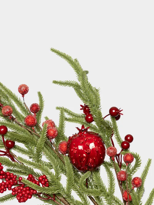 Ветка декоративная, 80 см, Красные ягоды и шишки, Red berry, image-2