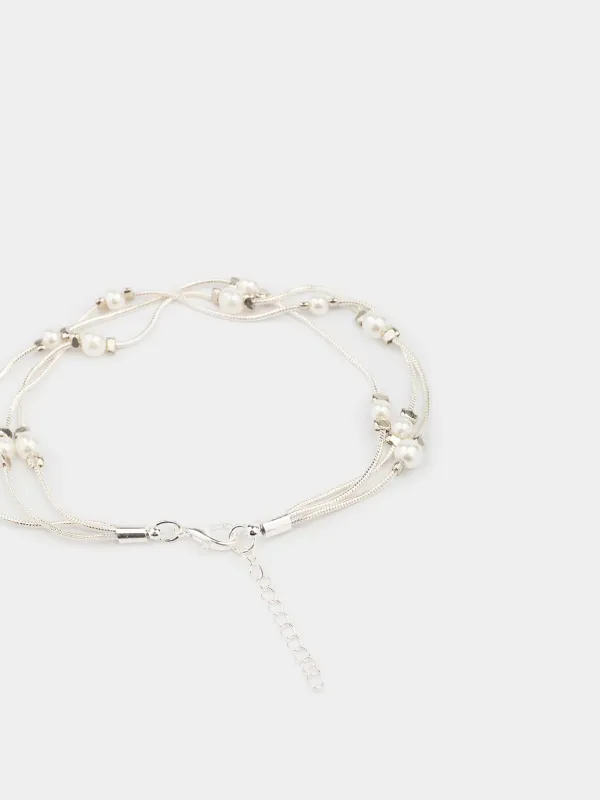Браслет, 18 см, тройной, металл/пластик, серебристый, Бусины, Pearl, image-3