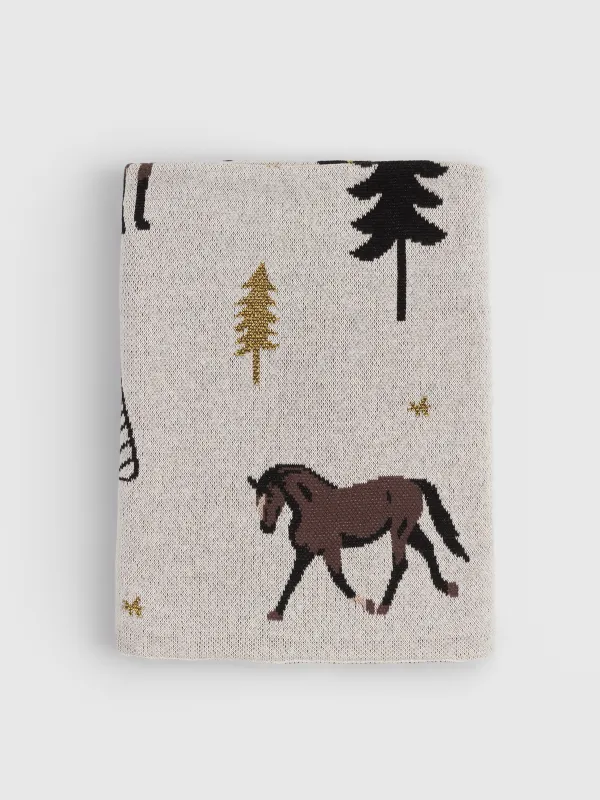 Плед, 130х170 см, хлопок/люрекс, белый, Лошади и елки, Forest horse, image-0