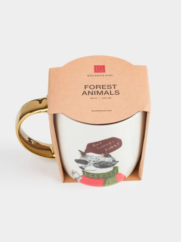 Кружка, 380 мл, фарфор N, бело-золотистая, Енот и еж, Forest animals, image-4