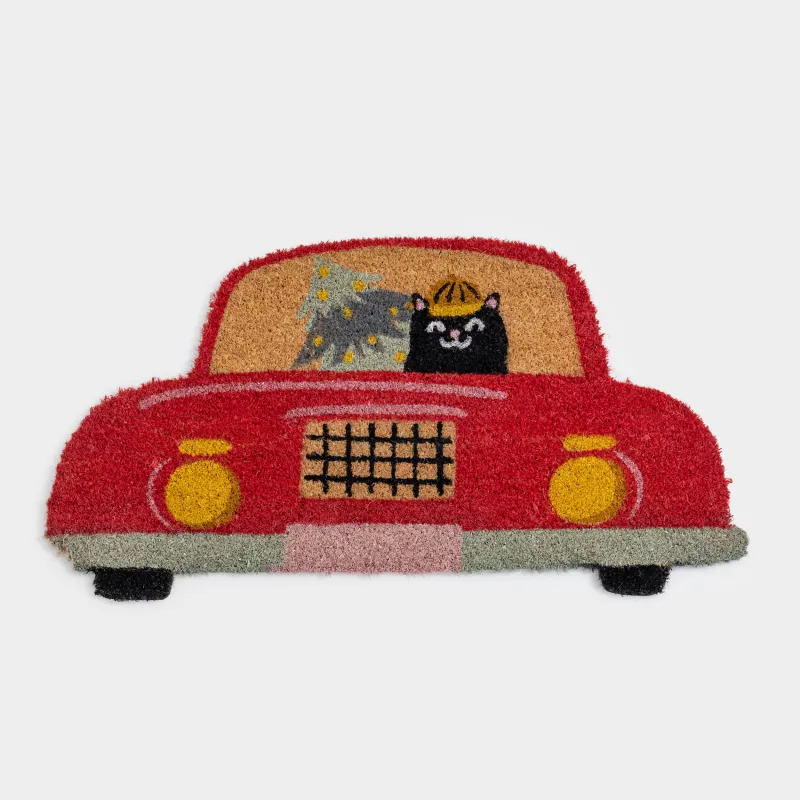 Коврик придверный, 40х80 см, кокос/ПВХ, фигурный, красный, Машина с елкой, Red car